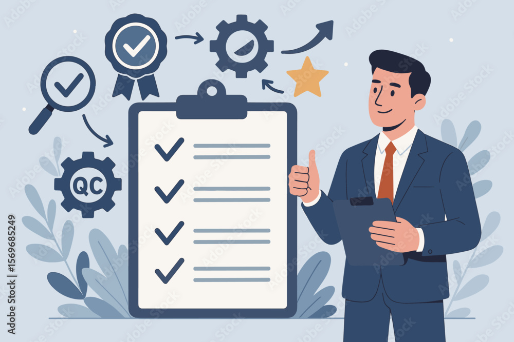 Quality management, quality assurance QA, quality control QC, process improvement. Standardization, certification, compliance, audit, checklist, business success concept Quality management, quality assurance QA, quality control QC, process improvement. Standardization, certification, compliance, audit, checklist, business success concept