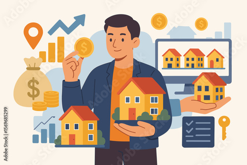 Real estate investment and property management concept. Buying, selling, owning houses for profit. Cash flow, appreciation, tax benefits, online realty, financial growth, housing market