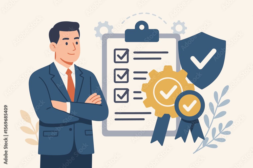 Business compliance certification concept. Manager with checklist, quality assurance, standards, regulations, audit, approval, guarantee, security, flat vector illustration Business compliance certification concept. Manager with checklist, quality assurance, standards, regulations, audit, approval, guarantee, security, flat vector illustration