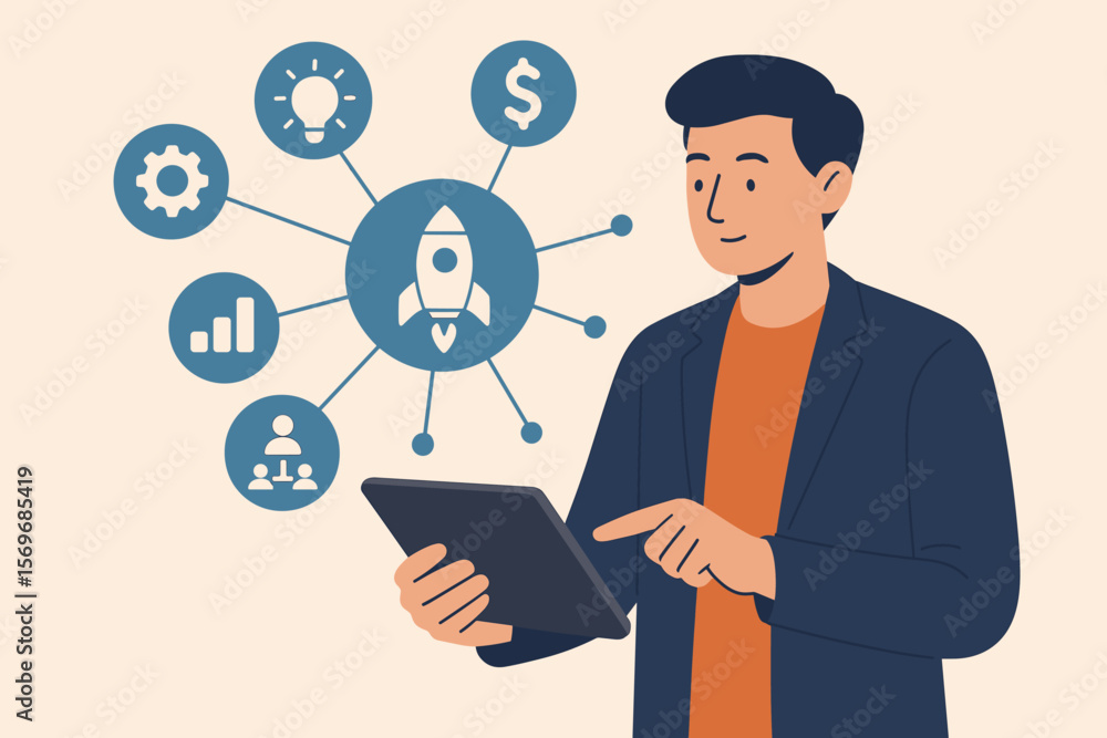 Startup business concept with rocket launch, innovation, finance, teamwork, analytics, digital tablet interface, network connection, entrepreneur planning, modern flat vector illustration Startup business concept with rocket launch, innovation, finance, teamwork, analytics, digital tablet interface, network connection, entrepreneur planning, modern flat vector illustration