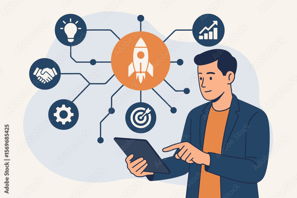 Startup business concept with rocket launch icon, digital network connections, innovation, business growth, partnership, technology, man using tablet, modern flat vector illustration Startup business concept with rocket launch icon, digital network connections, innovation, business growth, partnership, technology, man using tablet, modern flat vector illustration