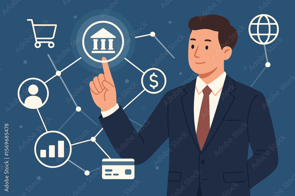 Businessman Touching Online Banking Icon, Digital Finance Network, E-Commerce Payment, Financial Technology, Shopping Cart, Data Analytics, Global Connection Concept Businessman Touching Online Banking Icon, Digital Finance Network, E-Commerce Payment, Financial Technology, Shopping Cart, Data Analytics, Global Connection Concept