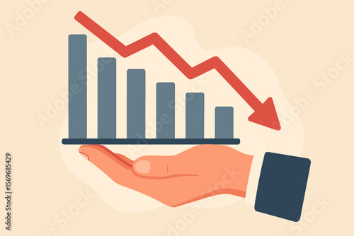 Stock market crash concept, hand holding declining bar chart with red arrow, financial loss, recession, economic downturn, investment failure, business crisis, poor economy