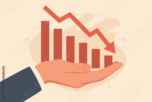 Financial crisis concept with hand holding declining bar chart and red arrow, symbolizing stock market crash, economic recession, investment loss, business downturn, poor economy