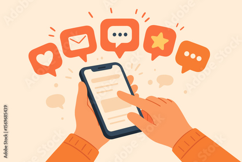 Social media interactions on mobile phone with notification icons of like, message, email, comment, star above smartphone screen, hands holding device concept