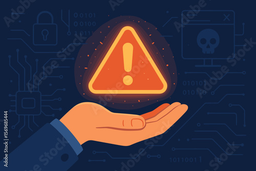 Cybersecurity warning alert concept. Hand holding glowing exclamation mark icon. Digital system error, malware threat, data breach, hacking risk, computer security failure, caution sign