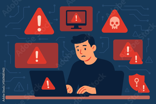 Cybersecurity threat alert concept. Man at laptop with warning signs, system error, data breach, malware, hacking, digital risk, computer virus, critical failure, security breach
