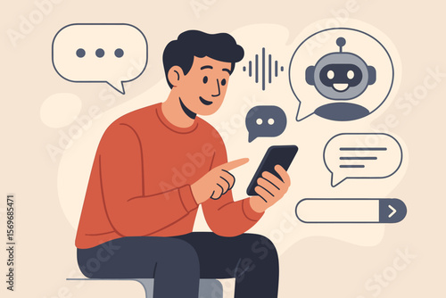Man using smartphone to chat with AI chatbot, surrounded by speech bubbles, voice waveforms, virtual assistant icons, digital communication, conversational artificial intelligence concept