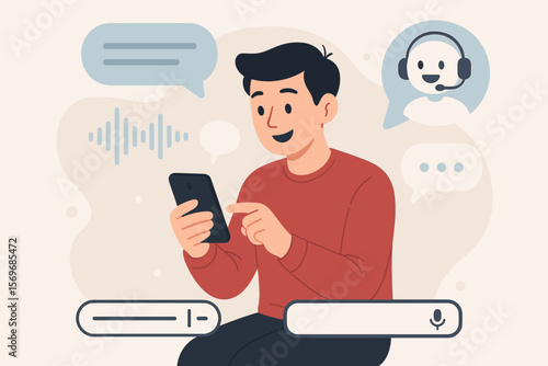 User interacting with AI chatbot on smartphone, surrounded by speech bubbles, voice waveform, command prompt bar, virtual assistant, conversational artificial intelligence concept illustration