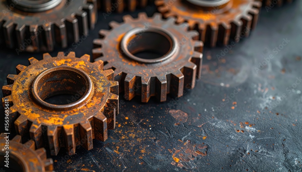 Rusty Gears: A close-up shot of several rusty gears lying on a dark surface. The gears show significant wear and tear, hinting at age and hard work. Rusty Gears: A close-up shot of several rusty gears lying on a dark surface. The gears show significant wear and tear, hinting at age and hard work.
