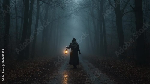 Mysterious figure walking with lantern in foggy forest