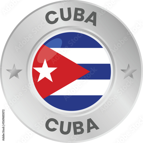 Cuban flag in silver colored medal. National flag in metal circle emblem.