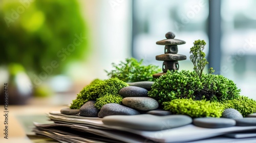 Miniature zen garden with stone lantern and moss, on a stack of papers