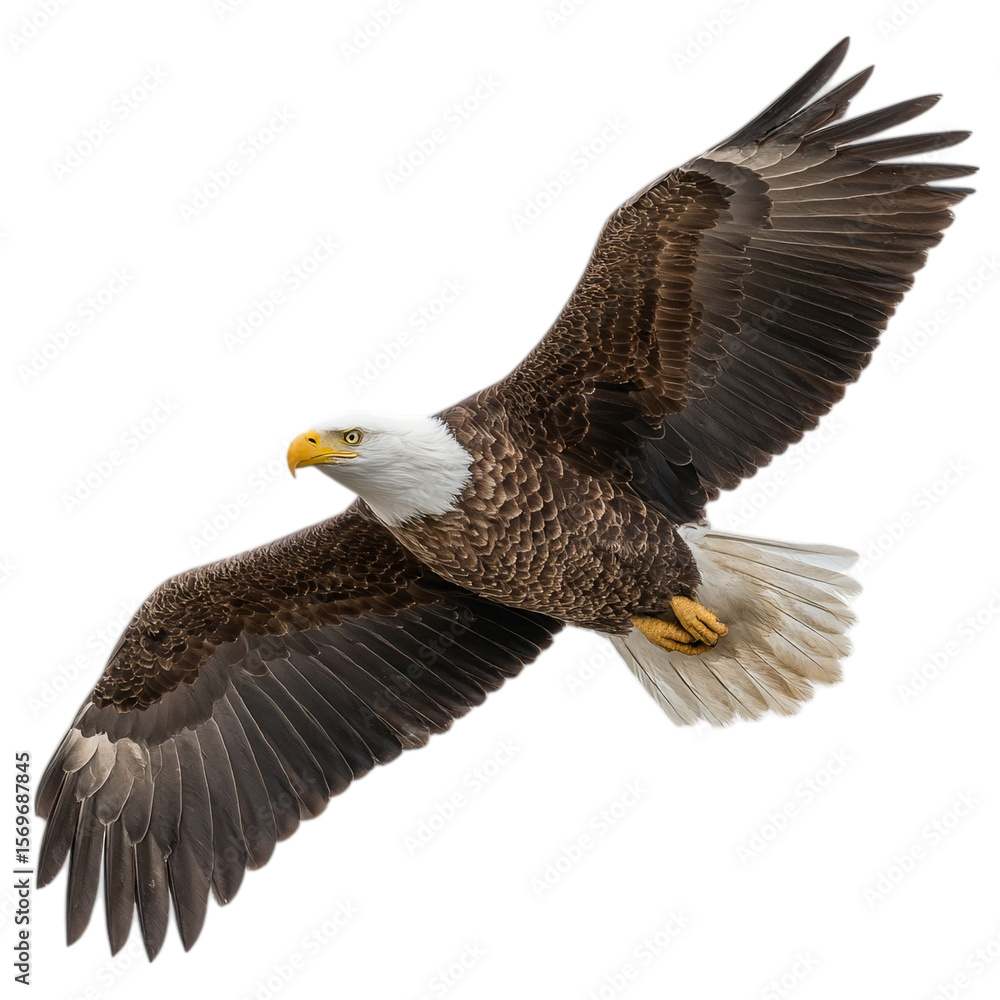Fototapeta premium Photo of a bald eagle soars majestically isolated on transparent background