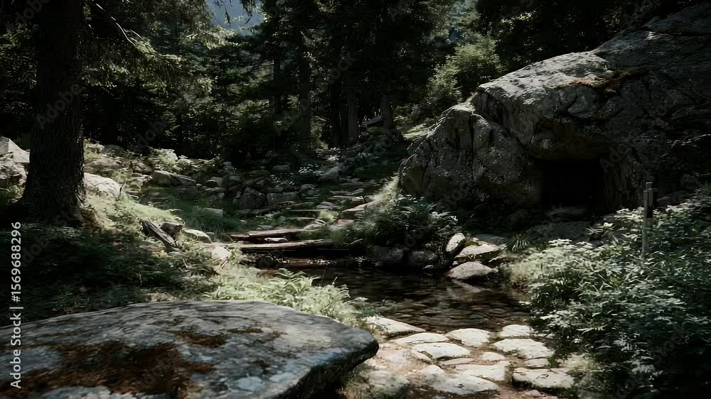 Serene Forest Stream: Tranquil Nature Scene with Sunlight and Rocks Serene Forest Stream: Tranquil Nature Scene with Sunlight and Rocks