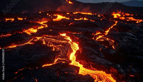 Molten Earth's Embrace: A dynamic visual narrative unfolds as rivers of vibrant, fiery magma carve paths across a desolate, rugged terrain, painting a portrait of nature's raw, untamed power.