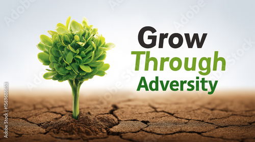 Green plant emerges through cracked earth showcasing resilience amid adversity. Clean neutral background enhances focus on growth. Concept of motivation, inspiration, personal development