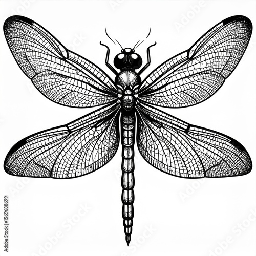Detailed Black And White Dragonfly Illustration