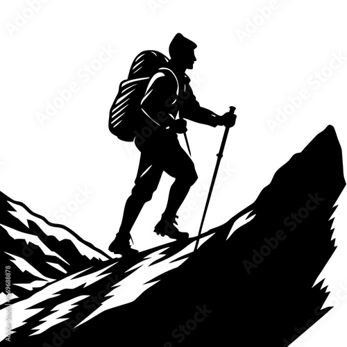 Mountain Climber Ascending Peak with Trekking Poles in Silhouette