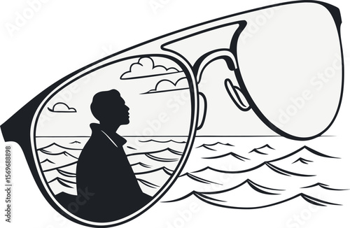 A cartoon-style vector illustration of a man wearing sunglasses, with a vivid reflection of the sea and rolling waves captured in the lenses, symbolizing relaxation, adventure, and coastal daydreams.