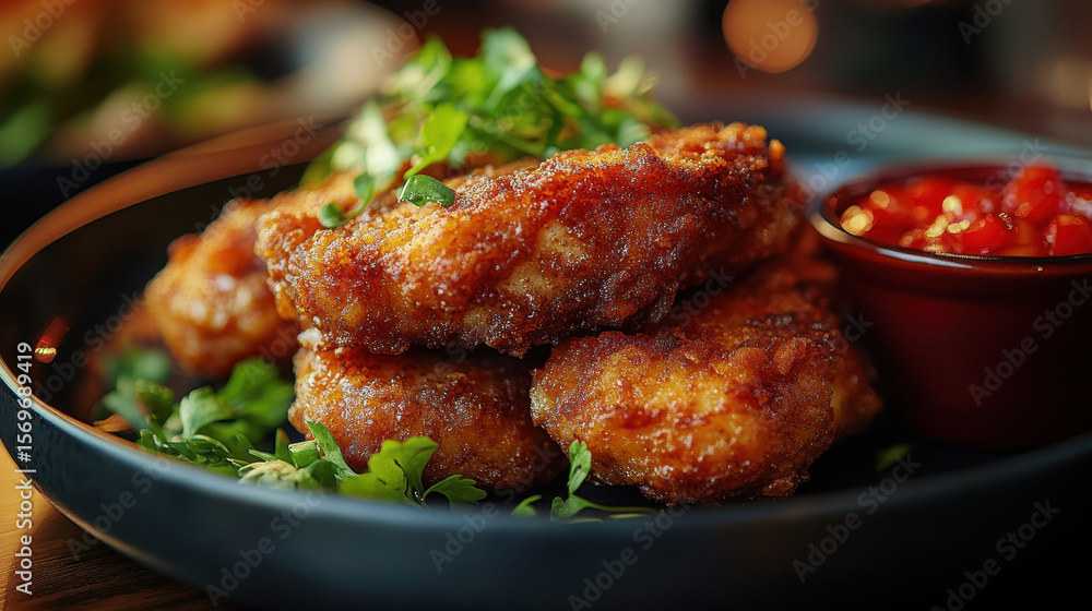 A plate of fried chicken with a side of sauce A plate of fried chicken with a side of sauce