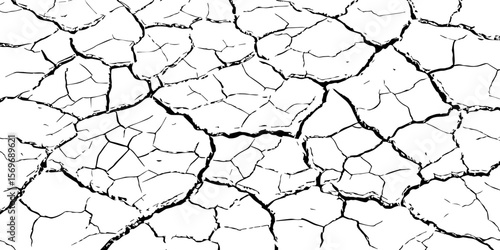 Black and white cracked earth texture, depicting dryness and erosion. Ideal for climate change, drought, desertification, or natural disaster themes in art, design, or environmental awareness.