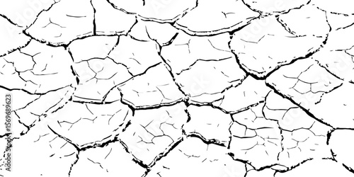Black and white cracked earth texture, depicting dryness and erosion. Ideal for climate change, drought, desertification, or natural disaster themes in art, design, or environmental awareness.