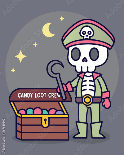 Spooky Skeleton Pirate Guarding Candy Loot Treasure Chest on a Starry Night