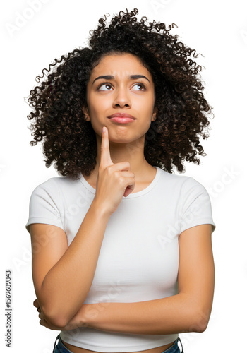 Young woman with curly hair thinking with finger on chin isolated on transparent background