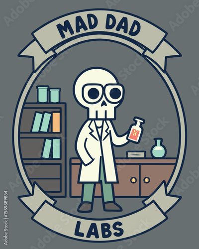 Mad Dad Labs Cartoon Skull Scientist in Lab Coat Holding Potion Bottle