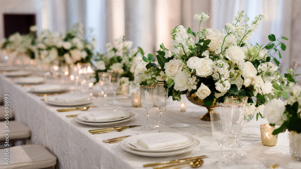 Fototapeta premium Elegant Table Setting: A meticulously arranged table setting, adorned with pristine white flowers, glistening glassware, and shimmering gold accents.