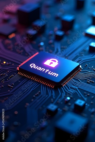 Quantum Computing Security A glowing padlock icon on a microchip signifies advanced data protection, vertical composition.