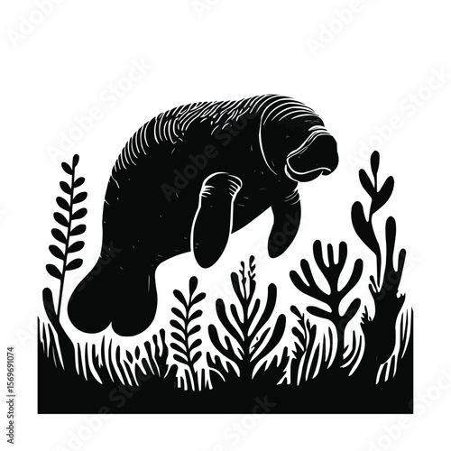 Manatee silhouette swimming among seaweed vector illustration