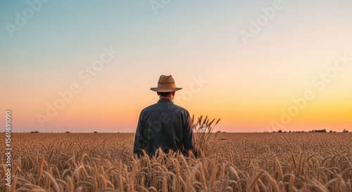 A farmer in a straw hat stands in a golden wheat field at sunset, looking towards the horizon