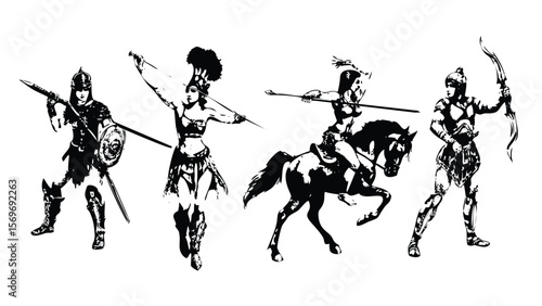 Amazon Warriors Vector Engraving Set. Detailed Monochrome Female Fighter Illustrations. Vintage Mythical Icons & Symbols