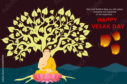 Happy Vesak Day with lord buddha. Vector Illustration. Lord Buddha that's one sign of Buddhism.