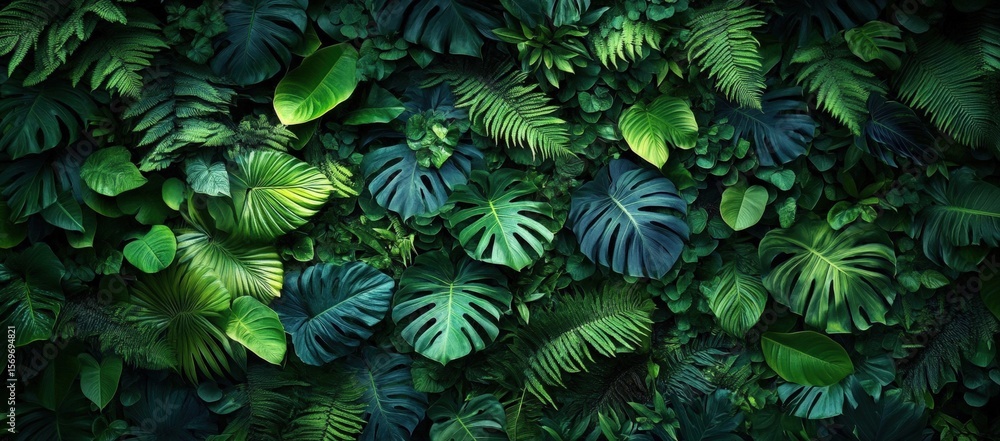 Lush green tropical leaves densely cover the scene, creating a vibrant and textured natural backdrop. Lush green tropical leaves densely cover the scene, creating a vibrant and textured natural backdrop.