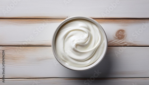 a top down view of a bowl of greek yogurt rested on a white wooden surface with the perfect amount of space for additional images or text this captures the concept of greek organic yogurt