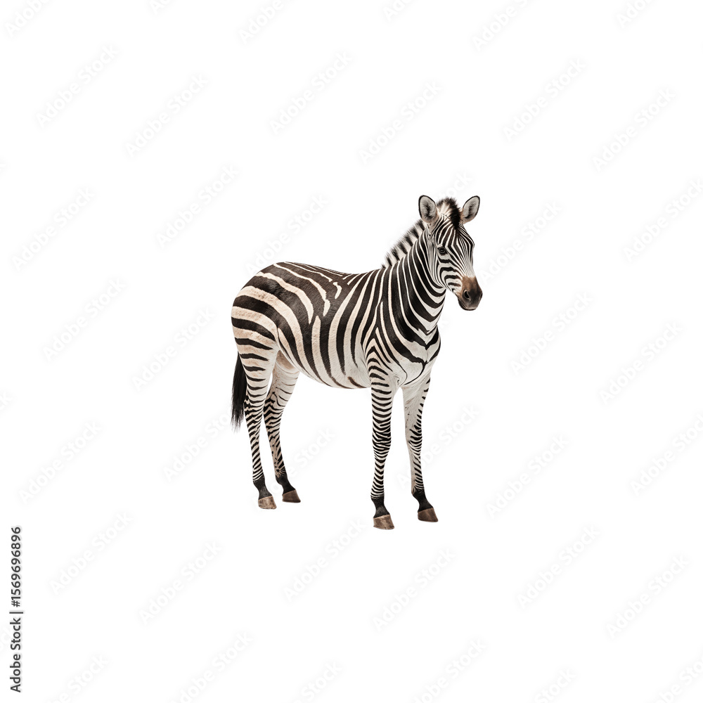Obraz premium Zebra Stripes: A majestic zebra, showcasing its iconic black and white stripes, stands gracefully against a plain background. Its gaze is intense, captivating the viewer with its wild beauty.