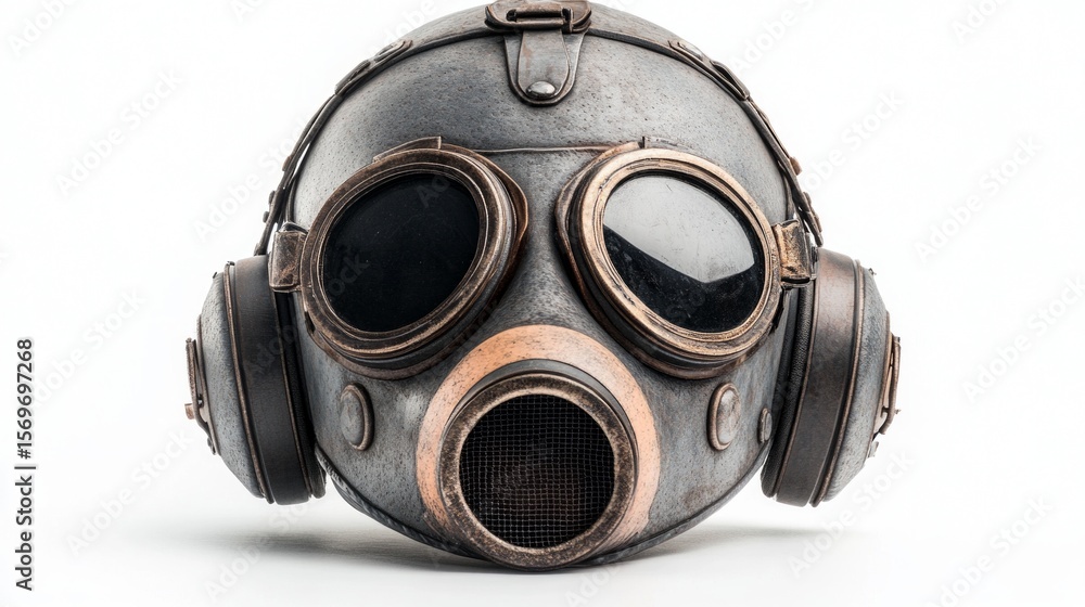 An old gas mask with large round glasses, useful for historical and military topics. An old gas mask with large round glasses, useful for historical and military topics.