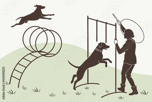Dog Training & Agility Course Silhouettes — Jump, Tunnel, Seesaw, Weave Poles & Trainer with Dog for Sports Clubs & Merch

