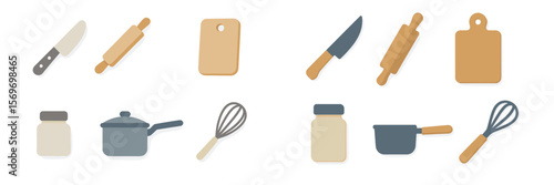 Kitchen tools and utensils arranged on a flat surface ready for meal preparation in a modern kitchen environment