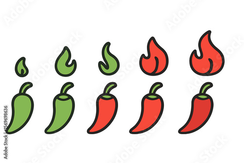 Colorful illustration of chili peppers and flames representing spice levels and heat intensity in cooking