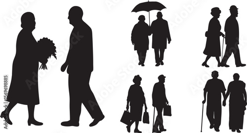 senior couple, old man with cane silhouette set. Elderly couple vector. senior citizens with walking canes.