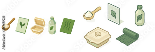 Sustainable packaging materials and eco-friendly products displayed on a clean, modern surface