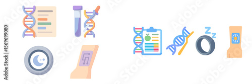 Illustration of genetic research elements including DNA, testing instruments, and health monitoring tools