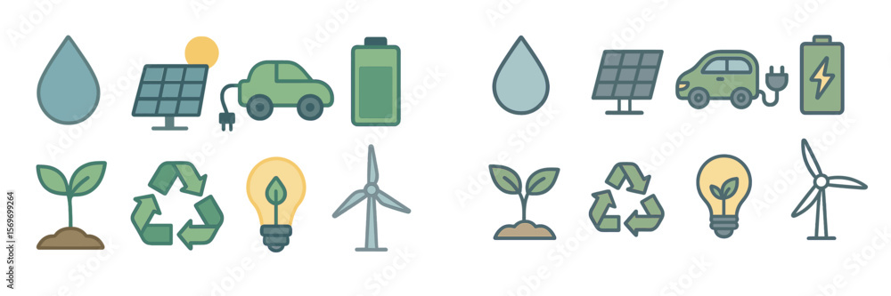 Colorful icons representing sustainable energy sources and eco-friendly practices in a modern context Colorful icons representing sustainable energy sources and eco-friendly practices in a modern context