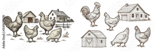 Farmyard scene with chickens and roosters near rustic buildings in a serene countryside setting
