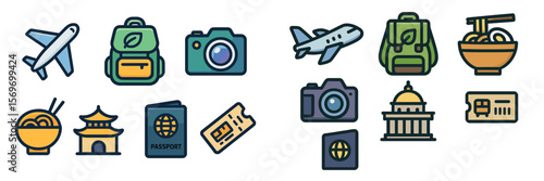 Travel essentials for adventurers including passport, camera, and food icons representing various destinations and experiences