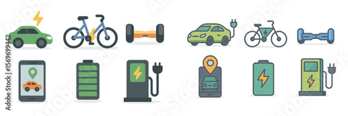 Electric vehicles and sustainable travel options showcased in modern illustrations